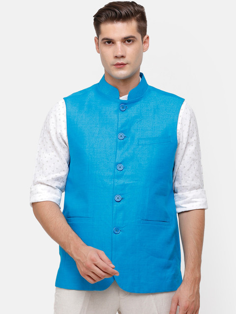 

Linen Club Men Blue Solid Linen Nehru Jacket
