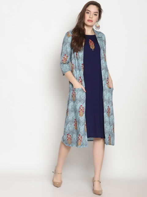 

UNTUNG Blue & Red Floral A-Line Midi Dress