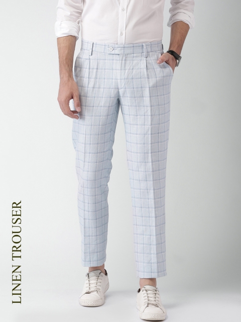 

INVICTUS Men Blue & White Checked Slim Fit Pleated Formal Trousers