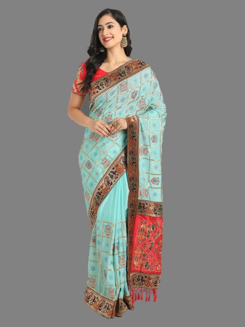 

Ekta Textiles Green & Pink Embroidered Saree