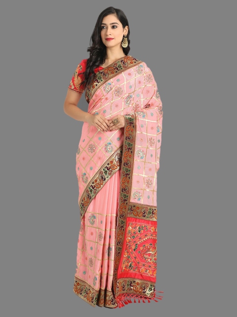 

Ekta Textiles Pink & Gold-Toned Embellished Zari Silk Blend Patola Saree