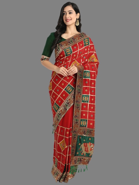 

Ekta Textiles Red & Green Ethnic Motifs Zari Silk Blend Patola Saree