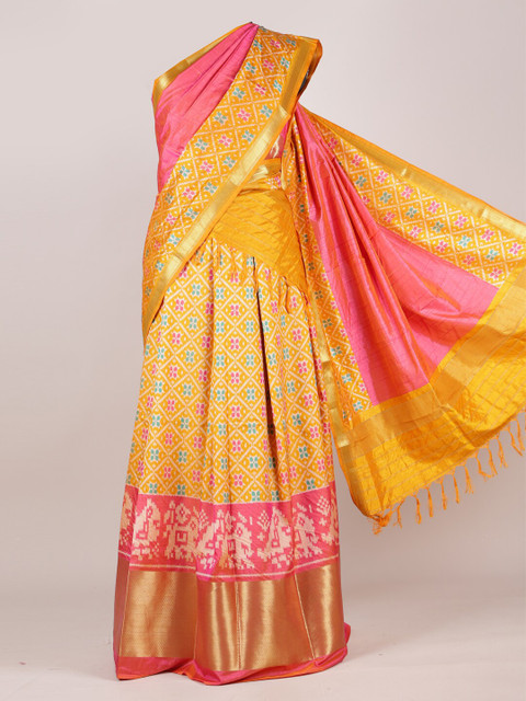 

Pothys Pink & Yellow Printed Unstitched Lehenga & Blouse With Dupatta