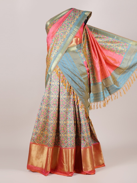 

Pothys Pink & Gold-Toned Printed Unstitched Lehenga & Blouse With Dupatta