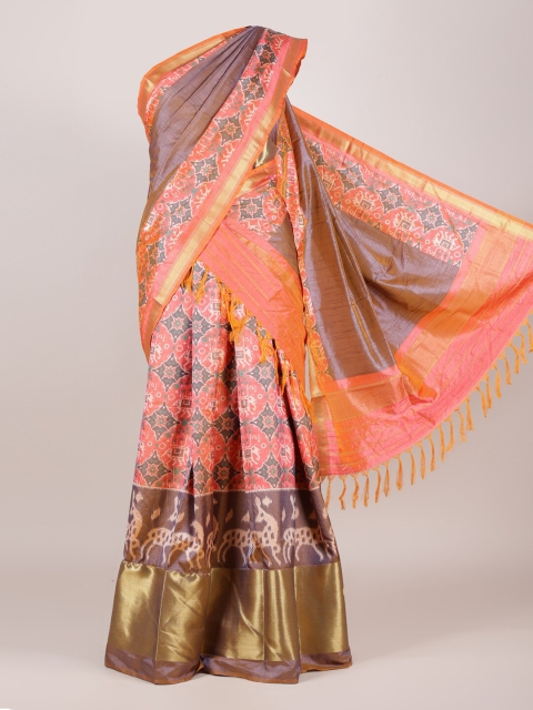 

Pothys Brown & Pink Printed Unstitched Lehenga & Blouse With Dhavani