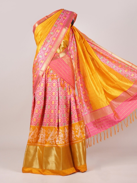 

Pothys Mustard & Pink Printed Unstitched Lehenga & Blouse With Dupatta