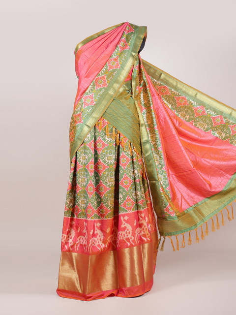 

Pothys Pink & Green Printed Unstitched Lehenga & Blouse With Dupatta