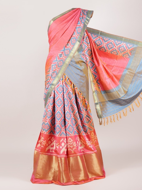 

Pothys Pink & Blue Unstitched Lehenga & Blouse With Dhavani