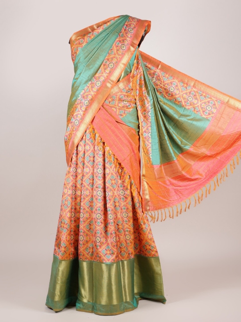 

Pothys Green & Peach-Coloured Unstitched Lehenga & Blouse With Dhavani