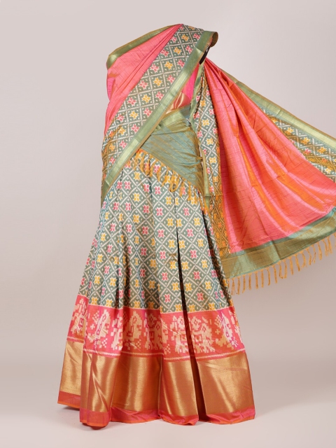 

Pothys Pink & Green Woven Design Unstitched Lehenga Choli with Dupatta