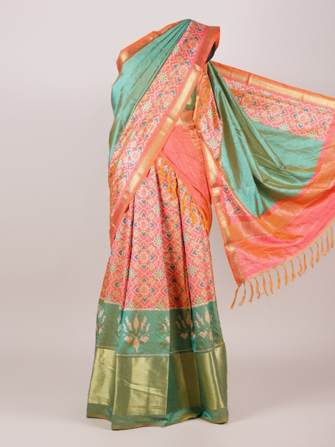

Pothys Green & Coral Printed Unstitched Lehenga & Blouse With Dupatta