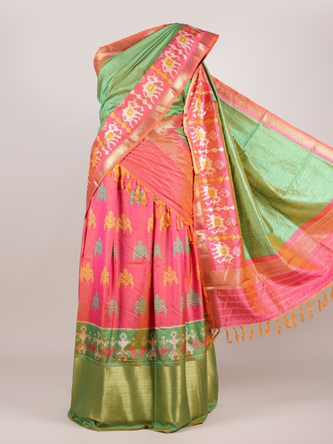 

Pothys Green & Pink Printed Shibori Unstitched Lehenga & Blouse With Dhavani
