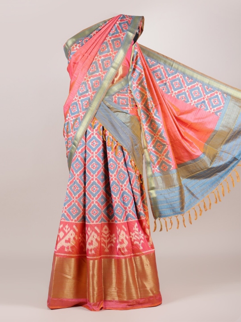 

Pothys Pink & Blue Printed Shibori Unstitched Half Saree