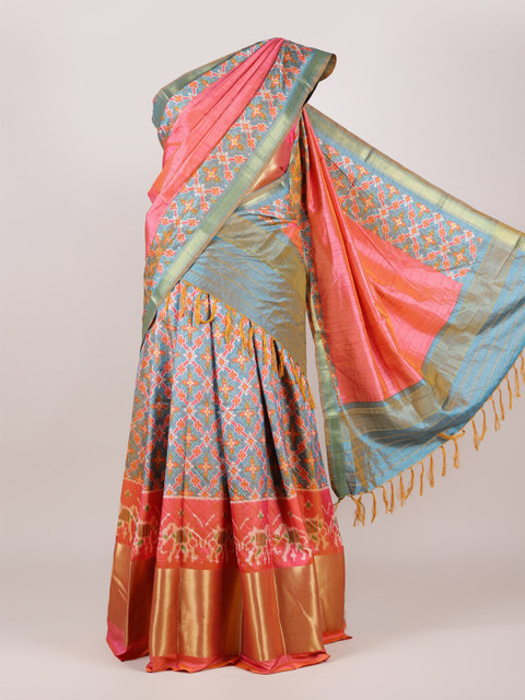 

Pothys Women Pink & Blue Woven Design Unstitched Lehenga Choli with Dupatta