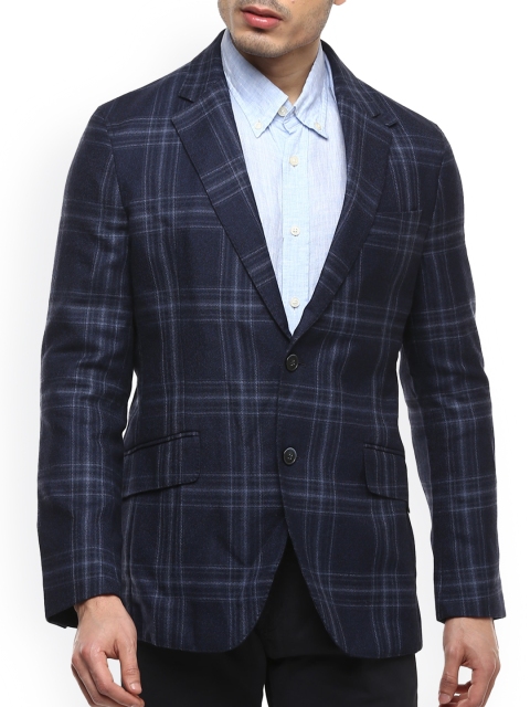 

HACKETT LONDON Men Navy Blue Checked Single Breasted Pure Wool Blazer