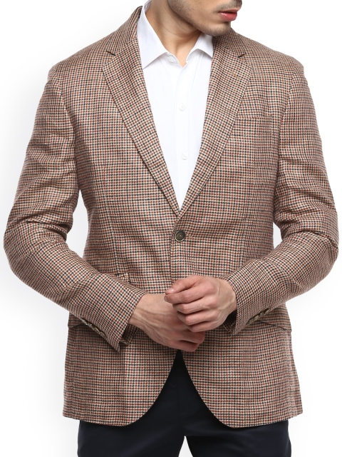 

HACKETT LONDON Men Beige & Blue Checked Single Breasted Formal Blazer