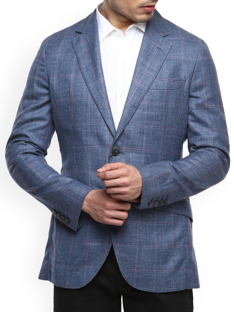 

HACKETT LONDON Men Blue Checked Single-Breasted Regular Fit Formal Blazer
