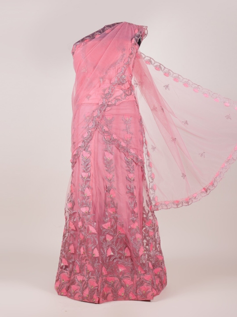

Pothys Pink Embroidered Unstitched Lehenga & Blouse With Dupatta