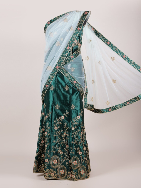 

Pothys Blue & Green Embroidered Semi-Stitched Lehenga & Unstitched Blouse With Dupatta