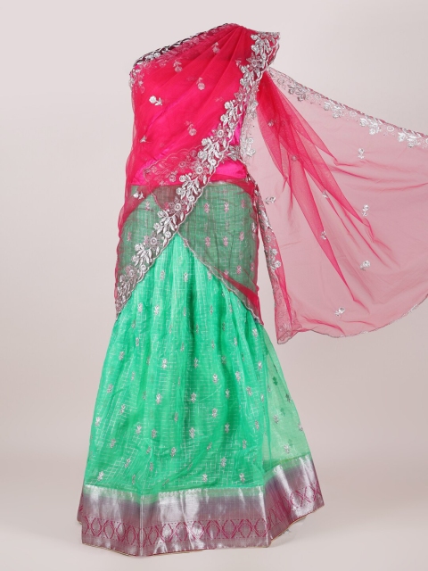 

Pothys Pink & Green Embroidered Semi-Stitched Half Saree