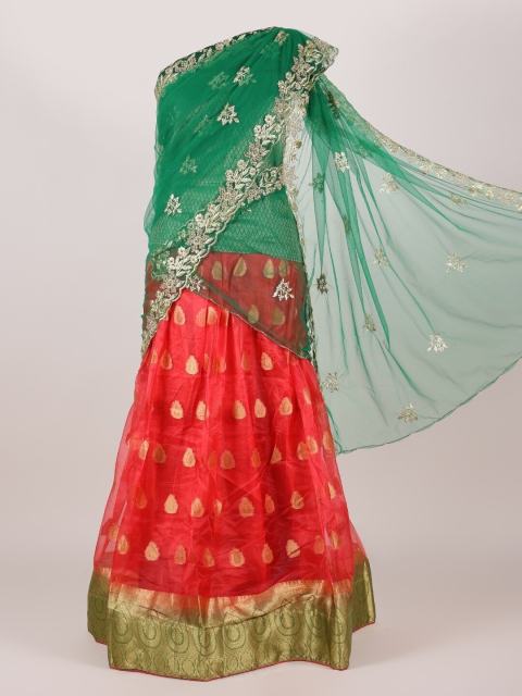 

Pothys Green & Red Beads and Stones Semi-Stitched Half Saree