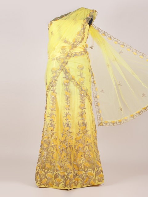

Pothys Yellow Embroidered Semi-Stitched Lehenga & Unstitched Blouse With Dupatta