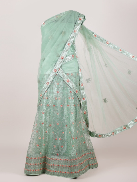 

Pothys Green & Pink Embroidered Semi-Stitched Lehenga & Unstitched Blouse With Dupatta