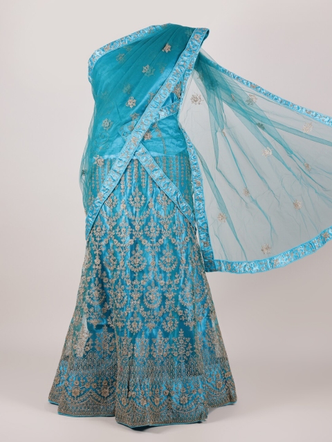 

Pothys Women Turquoise Blue & Gold-Toned Embroidered Semi-Stitched Net Lehenga Pawadai