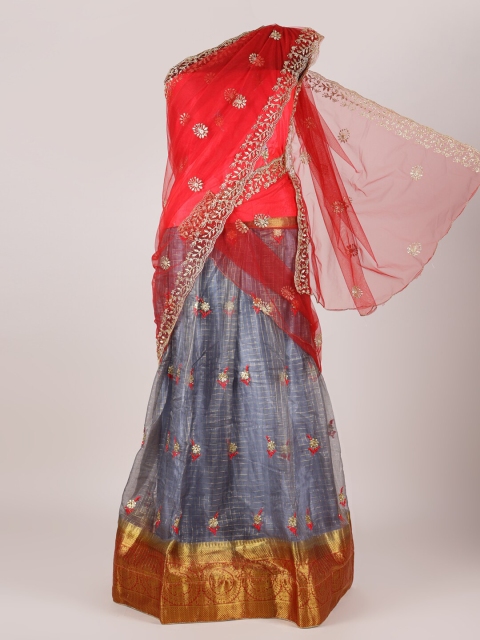 

Pothys Red & Grey Embroidered Beads and Stones Semi-Stitched Half Saree