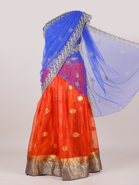 

Pothys Blue & Orange Semi-Stitched Lehenga & Unstitched Blouse With Dupatta