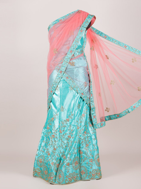 

Pothys Pink & Blue Embellished Semi-Stitched Lehenga & Unstitched Blouse With Dupatta