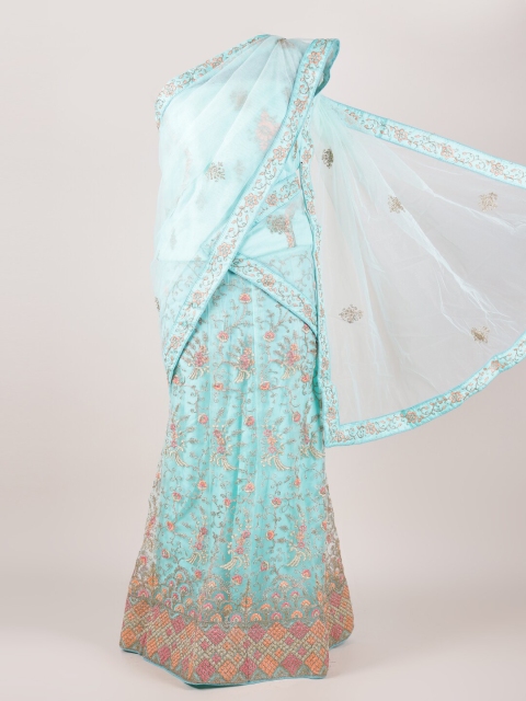 

Pothys Blue Embroidered Unstitched Lehenga & Blouse With Dupatta