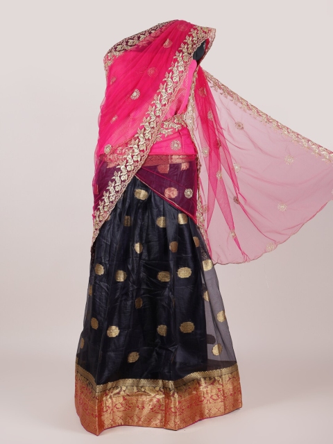 

Pothys Pink & Black Woven Design Semi-Stitched Lehenga & Unstitched Blouse With Dupatta