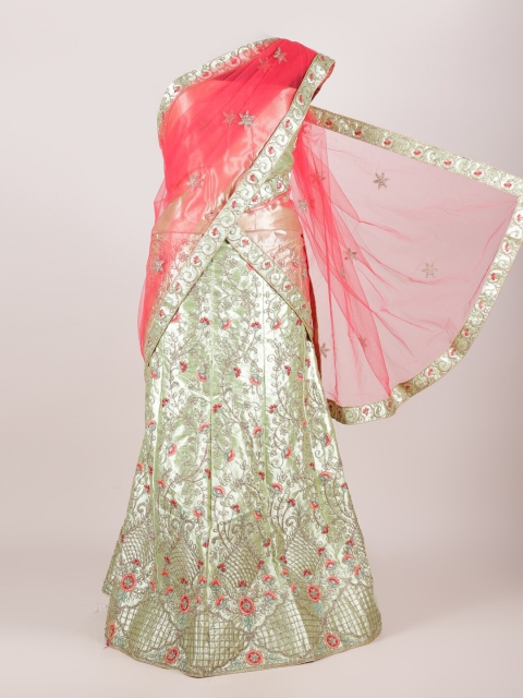 

Pothys Pink & Green Embroidered Semi-Stitched Half Saree