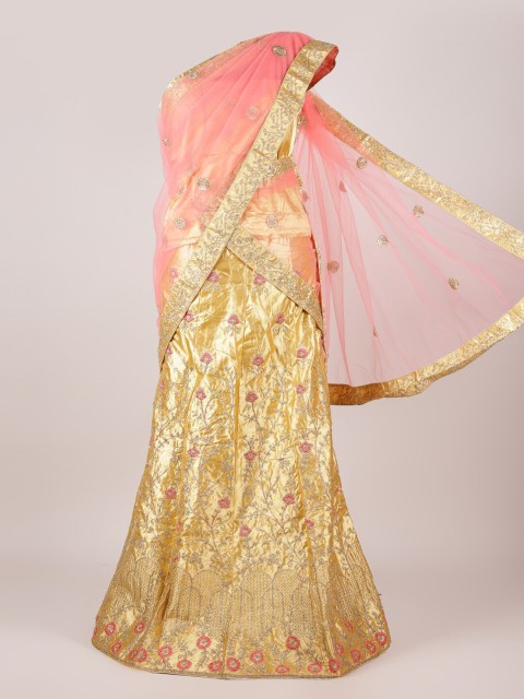 

Pothys Pink & Gold-Toned Embroidered Semi-Stitched Lehenga & Unstitched Blouse With Dupatta