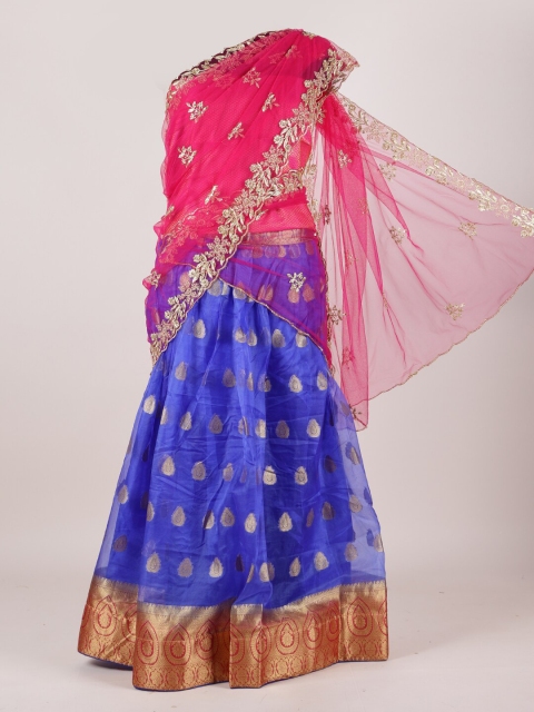 

Pothys Women Blue & Pink Woven Design Semi-Stitched Net Lehenga Pawadai