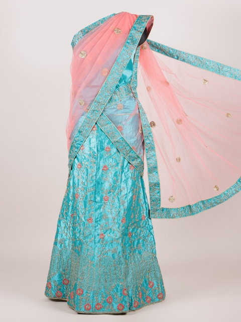 

Pothys Pink & Blue Embroidered Beads and Stones Semi-Stitched Half Saree
