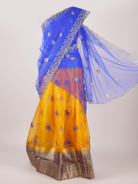 

Pothys Blue & Yellow Embroidered Semi-Stitched Lehenga & Unstitched Blouse & Net Dhavani