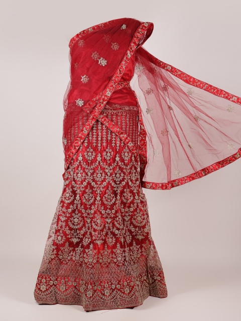 

Pothys Maroon & Silver-Toned Embroidered Semi-Stitched Half Saree
