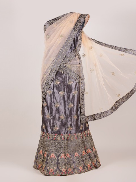 

Pothys Peach-Coloured & Grey Embellished Semi-Stitched Lehenga Choli with Dupatta