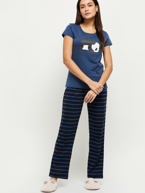 

max Women Navy Blue & Black Cartoon Characters Printed Pure Cotton Night suits