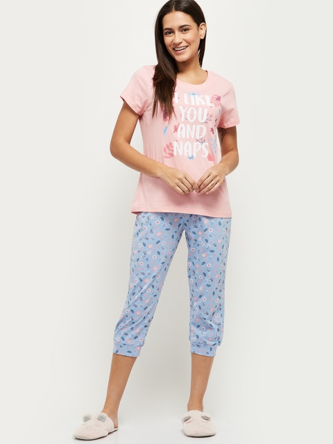 

max Women Pink & Blue Printed Cotton Night suit