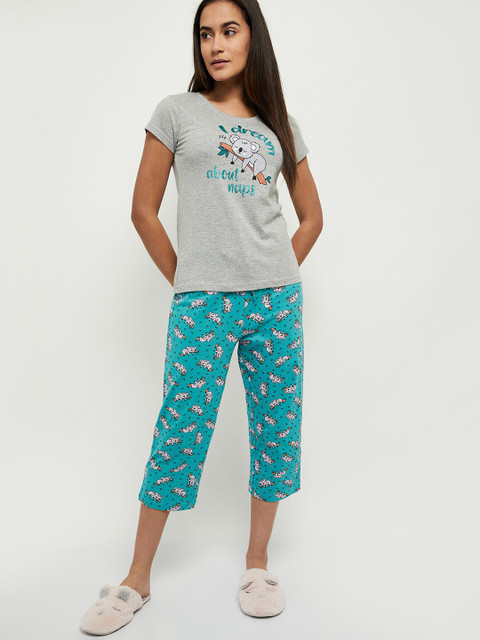 

max Women Grey Melange & Blue Printed Night suit