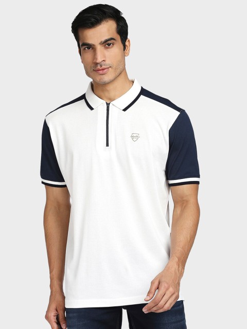 

ColorPlus Men White & Navy Blue Solid Zip Detail Polo Collar Cotton T-shirt