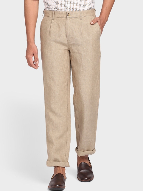 

ColorPlus Men Khaki Solid Pleated Linen Trousers