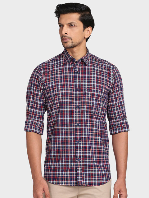 

ColorPlus Men Navy Blue & Maroon Tailored Fit Checked Casual Shirt