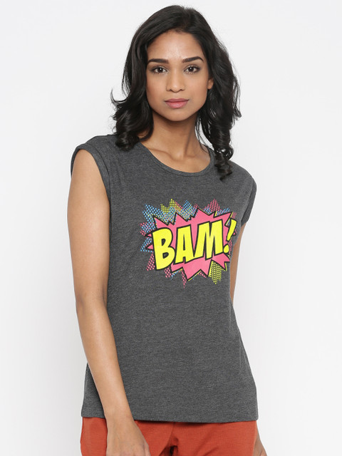 

Vero Moda Women Charcoal Grey Printed Round Neck T-shirt
