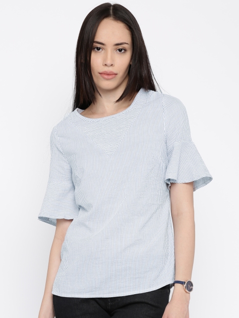 

Vero Moda Women Off-White & Blue Striped Pure Cotton Top