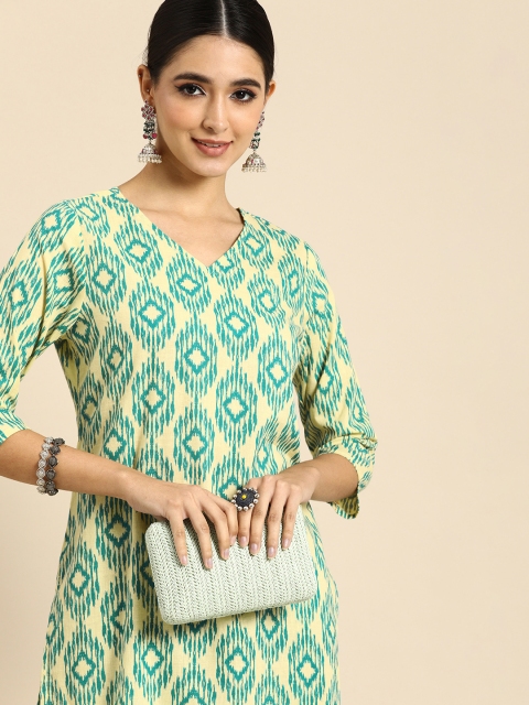 

Anouk Women Yellow & Blue Printed Pure Cotton Kurta