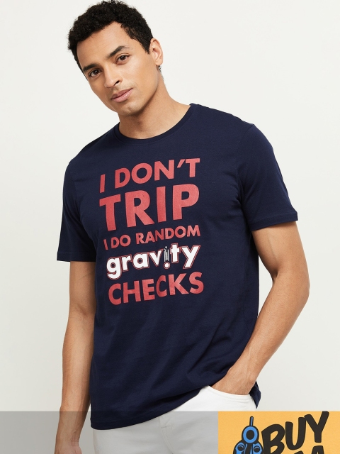 

max Men Pack of 2 Yellow & Navy Blue Typography Printed Pure Cotton T-shirts